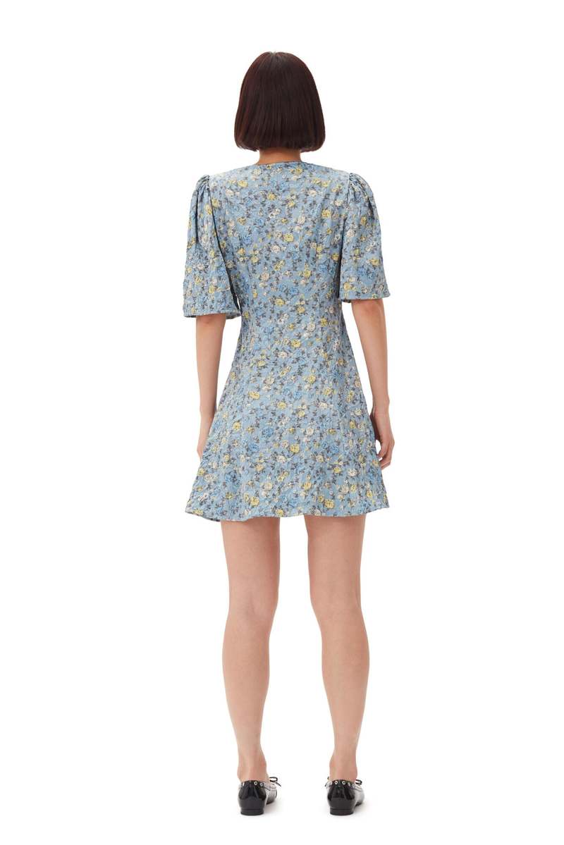 knee length dresses for ladies Ganni BLACK BOTANICAL JACQUARD OPEN-BACK MINI DRESS main image 0