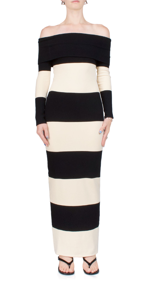 Posse Theo Off The Shoulder Dress - Black/Bone Stripe | Garmentory Posse Theo Off The Shoulder Dress - Black/Bone Stripe | Garmentory
