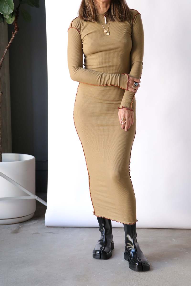 Baserange Vein Long Sleeve Dress - Jade Brown