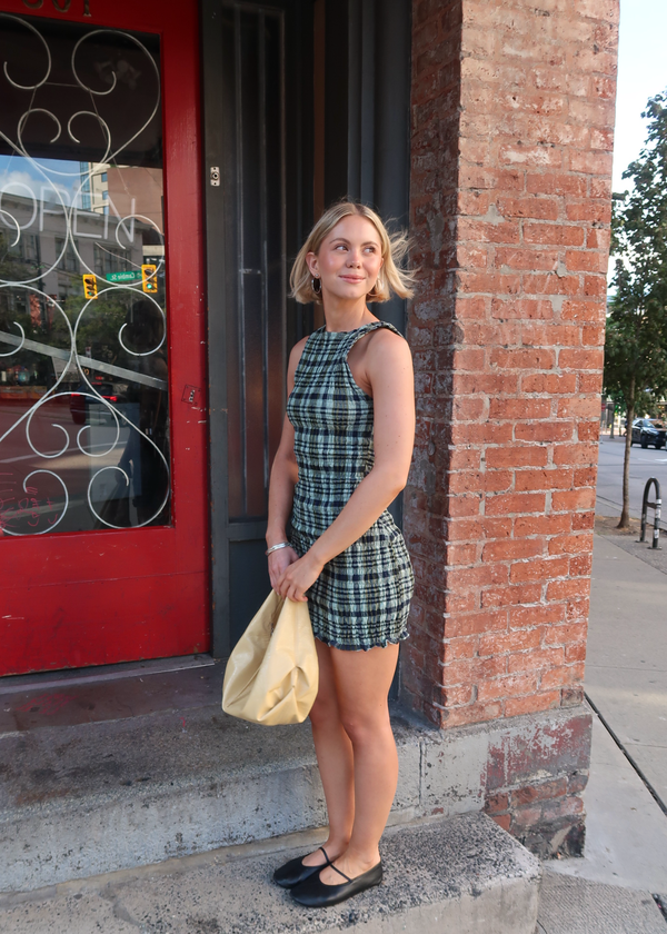 Motel Takayi Mini Shirred Linen Dress - Mono Check Green | Garmentory