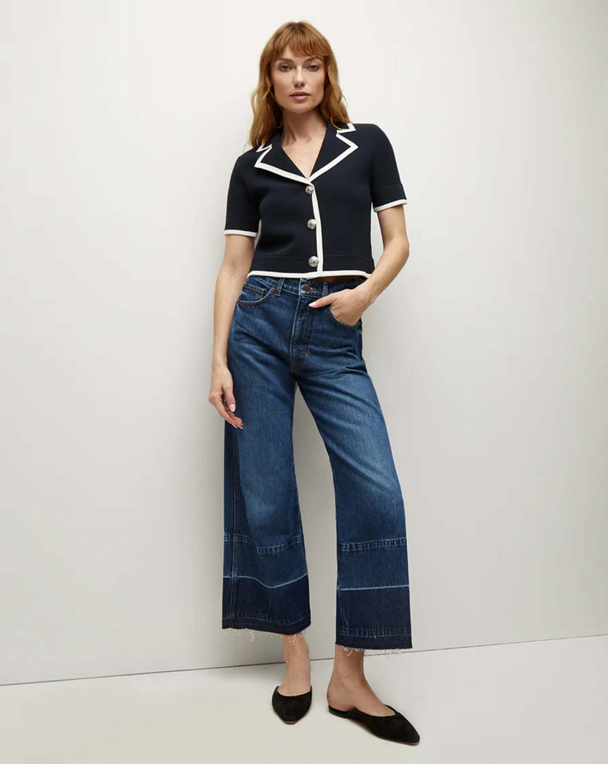 Veronica Beard Taylor Cropped Wide Leg Jean w Released Hem