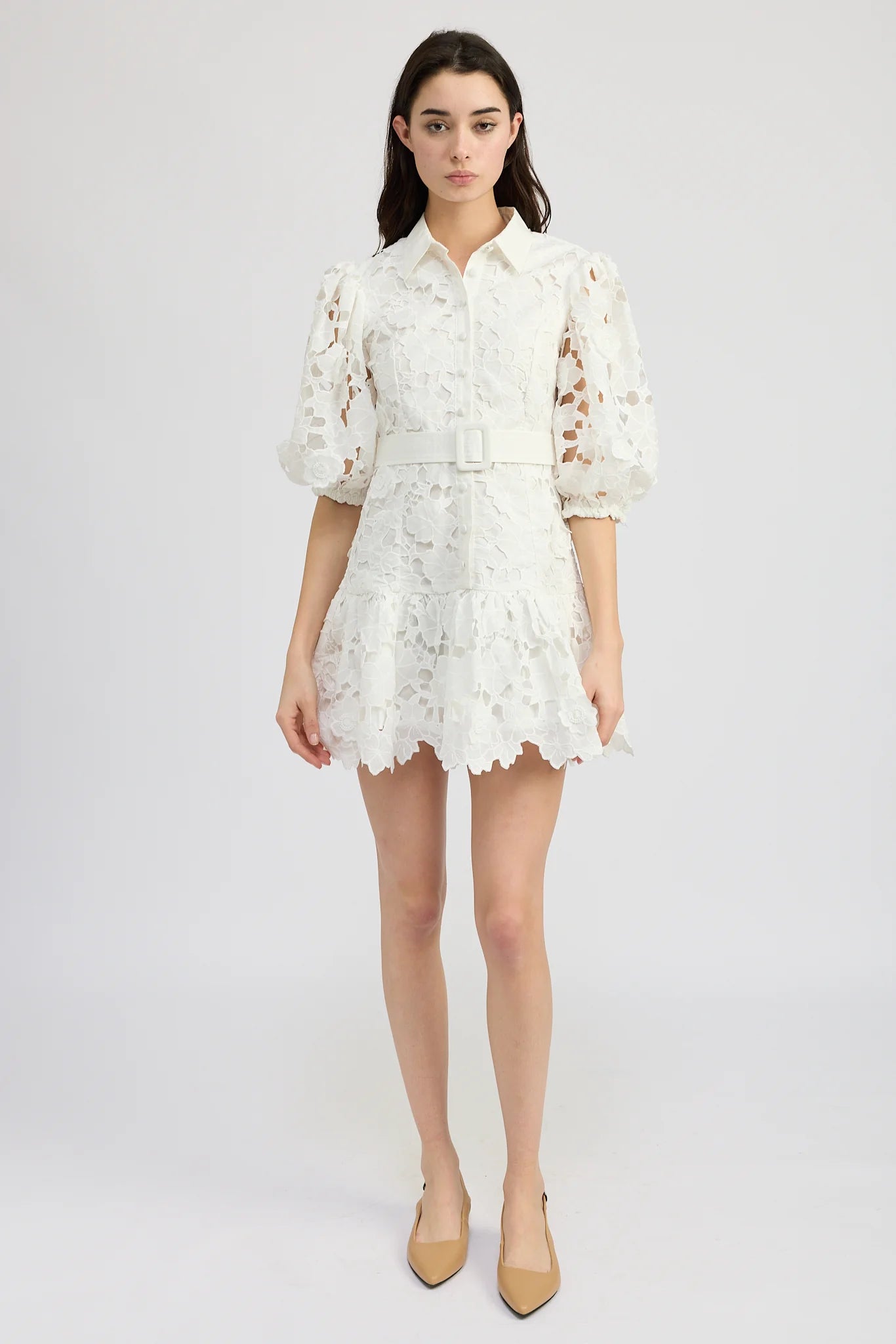 linen mini dress pattern White Polka Dot Linen-Blend Emily Mini Dress