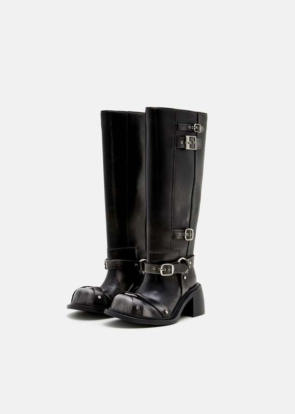 SONDER PLAN Distressed Silver Buckle High-Calf Boots - Black