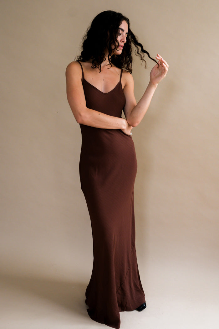 chocolate satin maxi dress Violet Sleeveless Satin Maxi Dress / Dark Chocolate | MESHKI