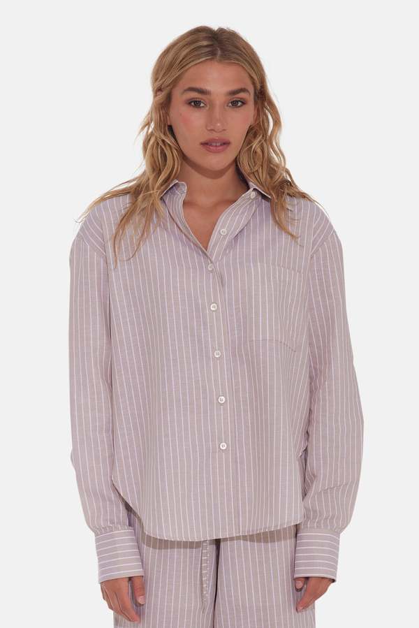 The Tile Club Eloise Cotton/Linen Boyfriend Shirt - Beige Stripe