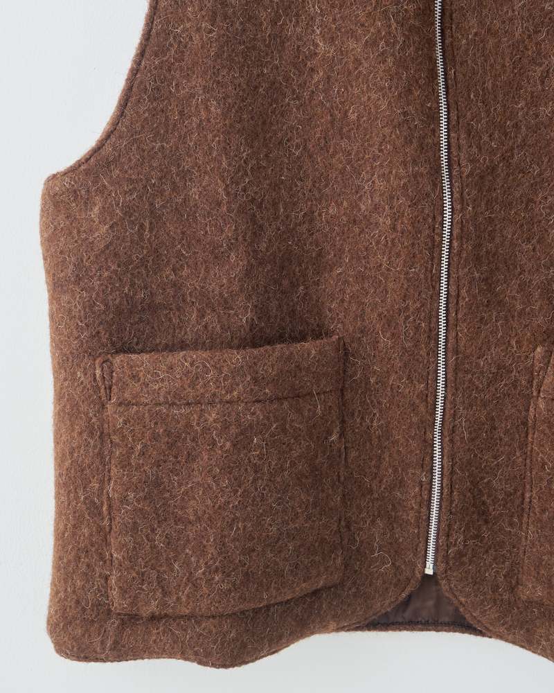 CAWLEY STUDIO Portuguese Long Hair Wool Zip River Vest - Chocolate