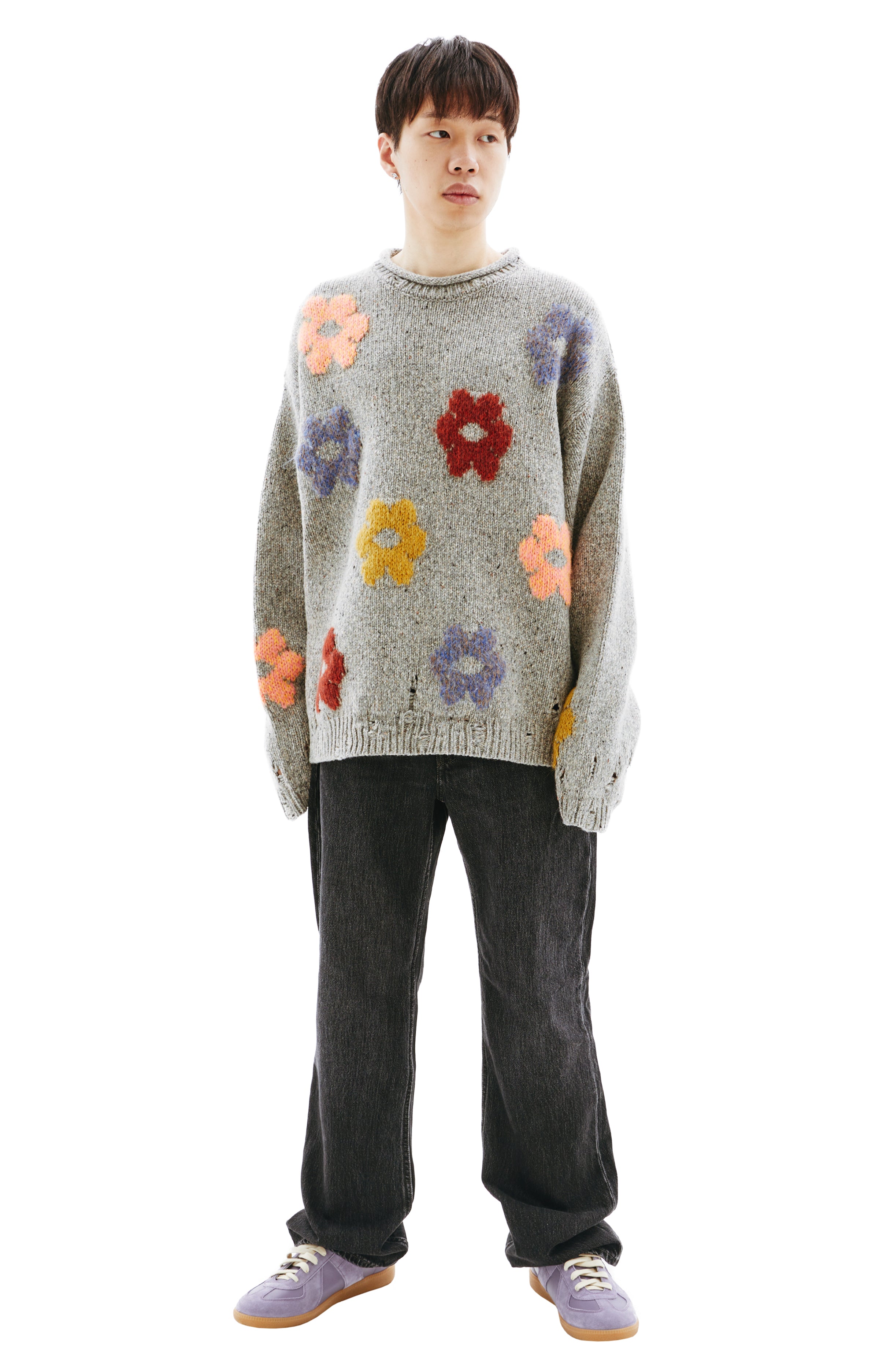 Acne Studios Floral Wool Blend Sweater - Grey Melange | Garmentory