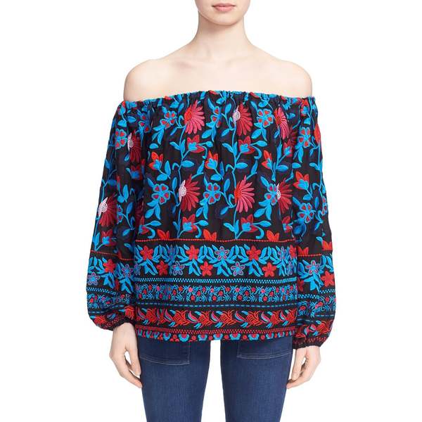 Tanya Taylor Nessa Embroidered Off the Shoulder Top