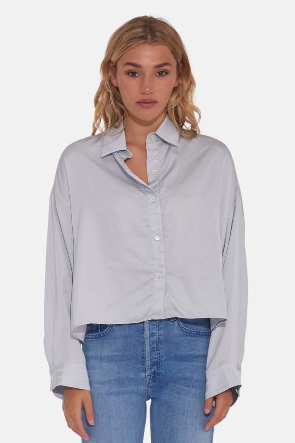 The Tile Club Laura Crop Satin Shirt - Silver Blue