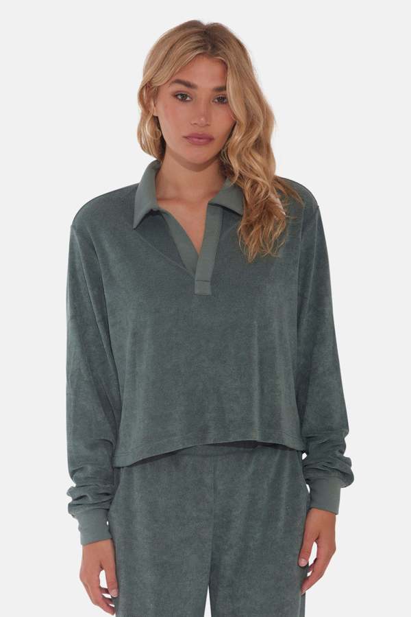 The Tile Club Charlie Cropped Terry Polo - Green