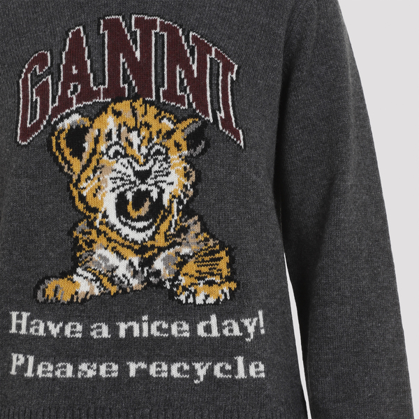Ganni Graphic Wool Mix Tiger Crewneck - Gray Quill | Garmentory
