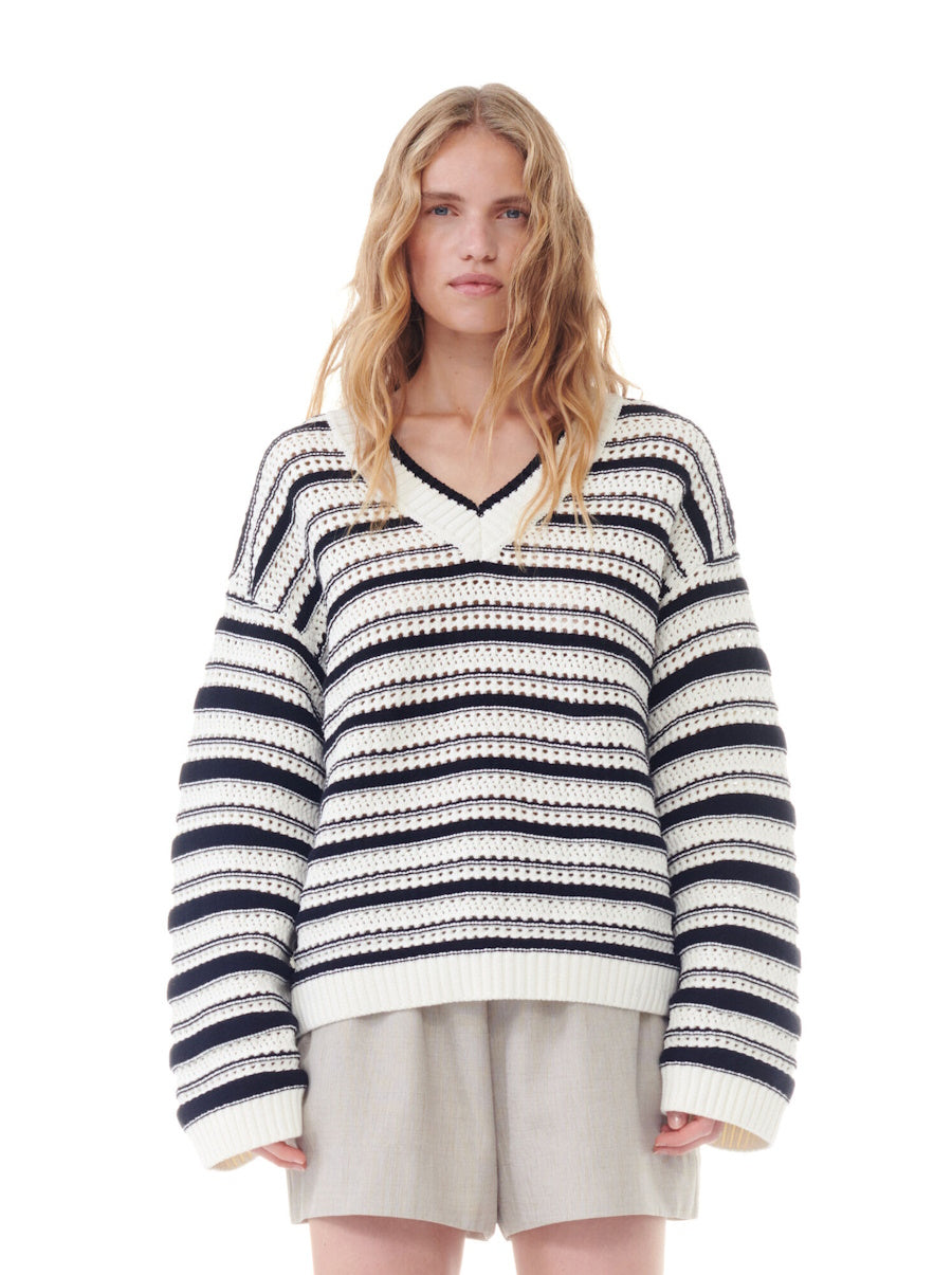 GANNI Vネックトップス Ganni Striped Cotton V-Neck Pullover | Garmentory