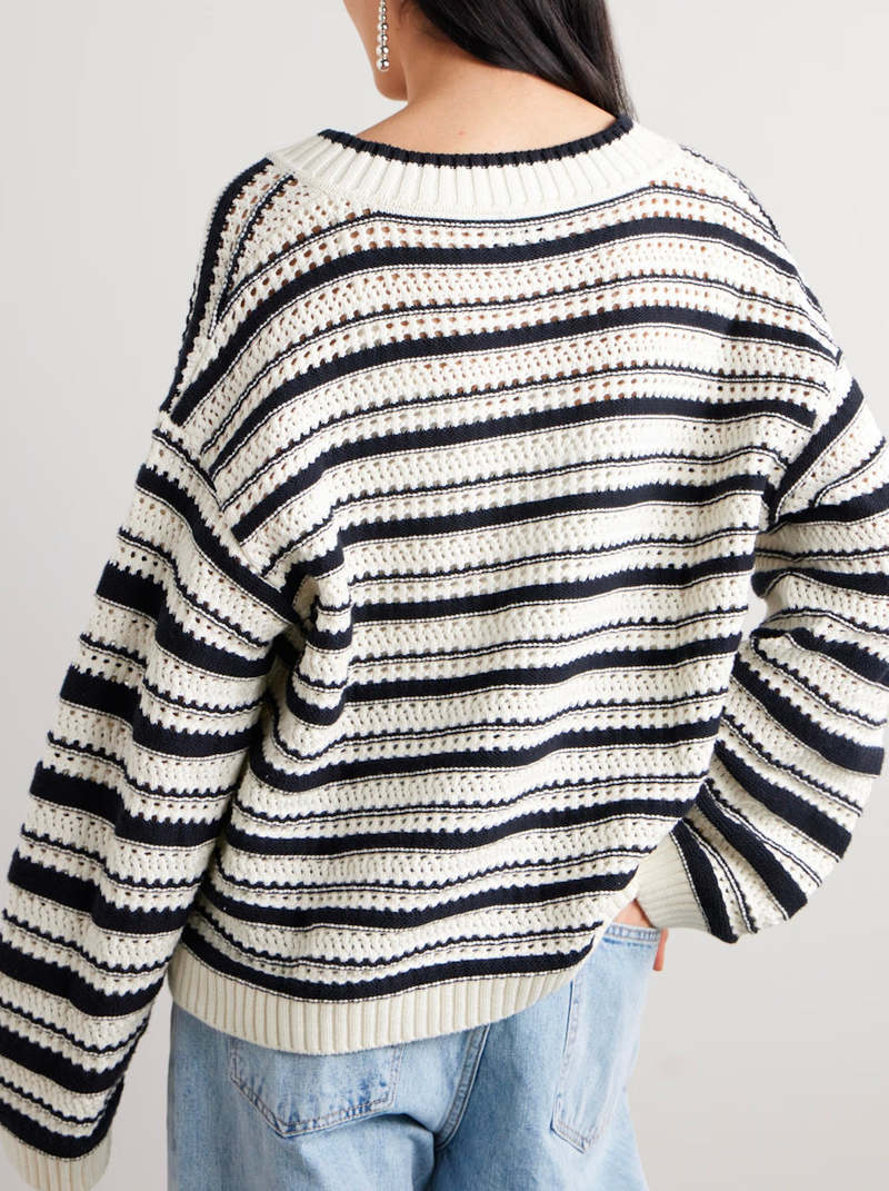 Ganni Striped Cotton V-Neck Pullover | Garmentory
