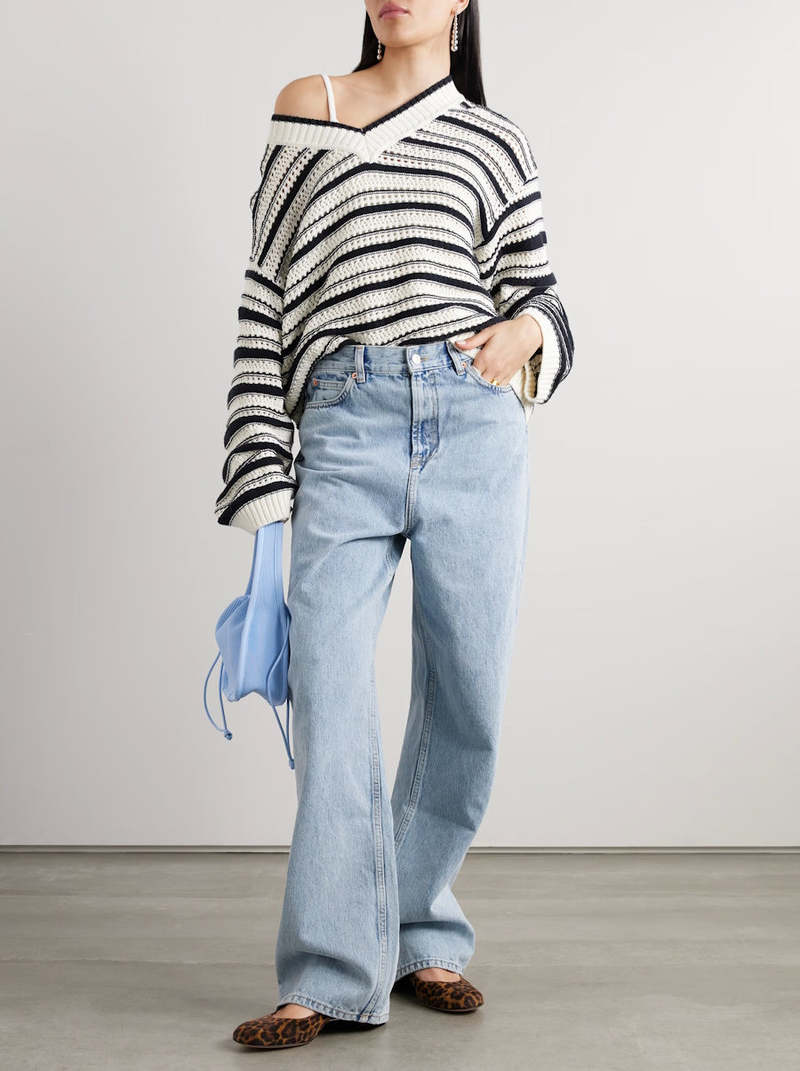 GANNI Vネックトップス Egret Blue Striped Cotton V-neck Sweater | GANNI US