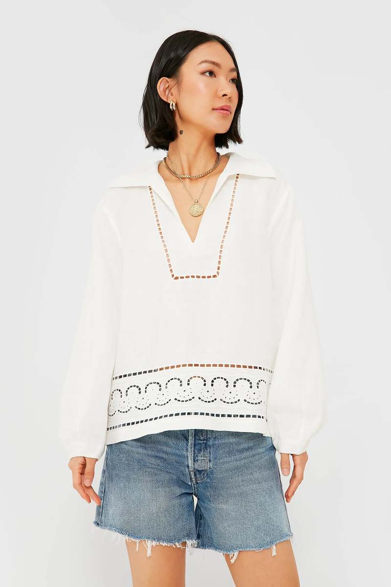Mulberry Silk Contrast Embroidered V-Neck Top main image 1