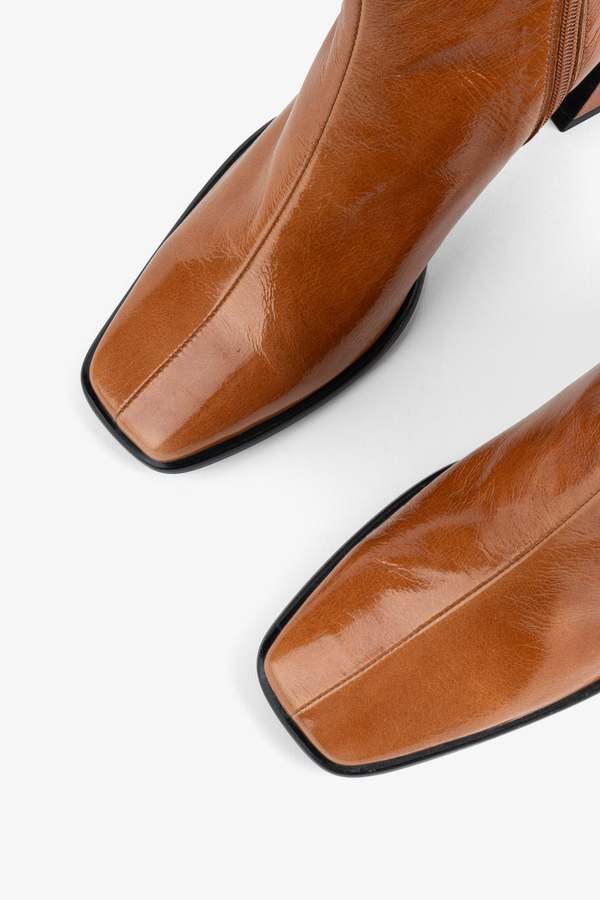 "INTENTIONALLY __________." TAFFY PATENT LEATHER HEELED BOOT - OLIVE/WHISKEY/BLACK "INTENTIONALLY __________." TAFFY PATENT LEATHER HEELED BOOT - OLIVE/WHISKEY/BLACK