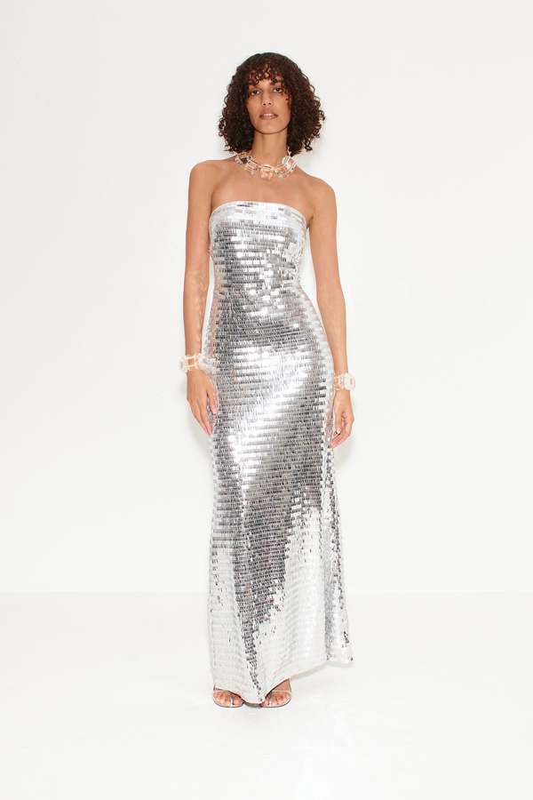 slim fit dress slacks Elegant Silver Sequin Evening Gown with Feather Accents main image 1
