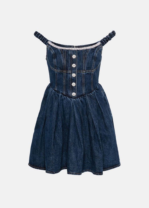 Self-Portrait Denim Off Shoulder Mini Dress - Blue | Garmentory