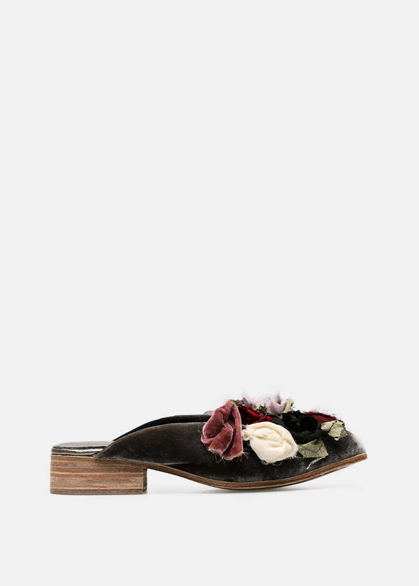 Elena Dawson Grey Velvet Flower Mules - Grey