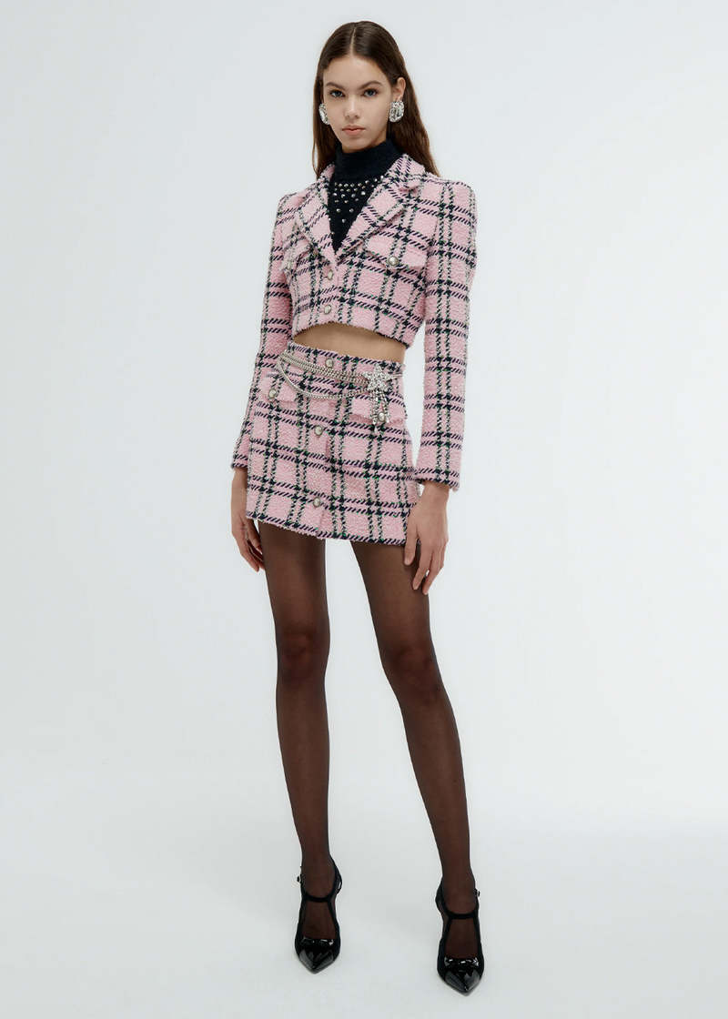ALESSANDRA RICH Sequin Tweed Skirt - Pink Tartan | Garmentory