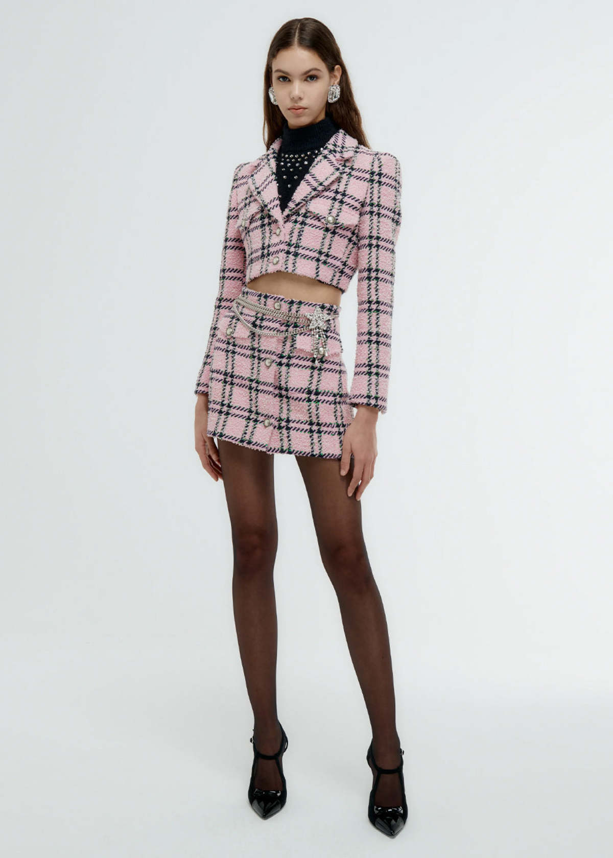スカート ALESSANDRA RICH Pink Tweed Mini Skirt Alessandra Rich Tweed Mini Skirt in Light Pink | FWRD