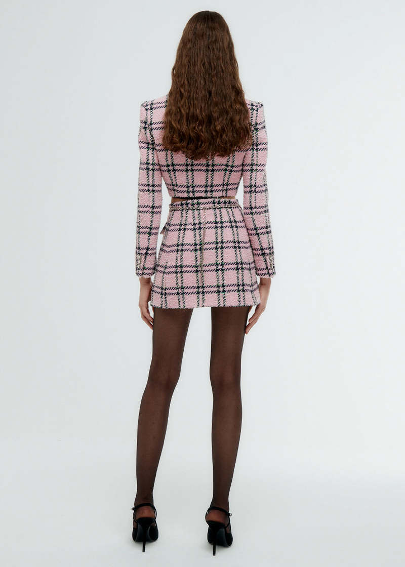 ALESSANDRA RICH Sequin Tweed Skirt - Pink Tartan | Garmentory