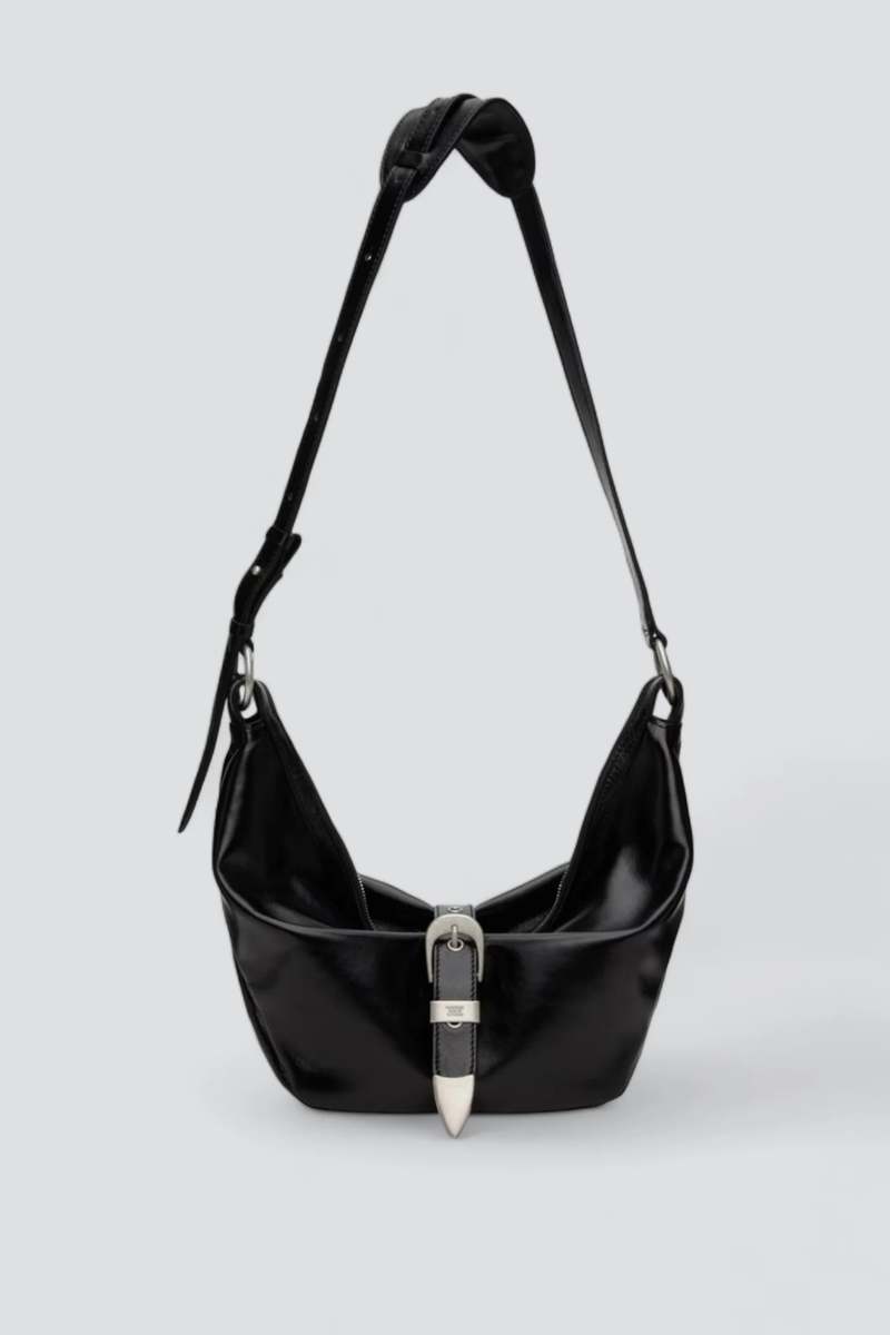 Marge Sherwood Black Glossy Plain Belted Hobo - Medium