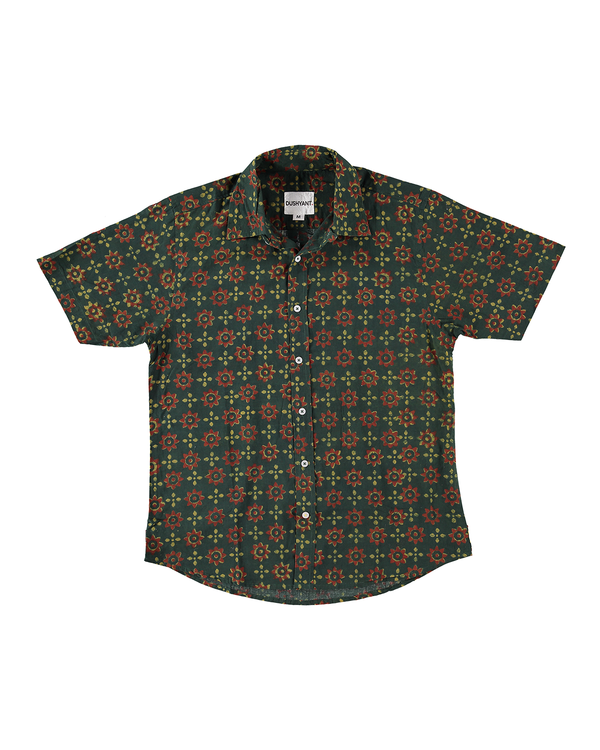 DUSHYANT. Hand Block Printed The Sufi Short Sleeve Shirt - Green and Red print