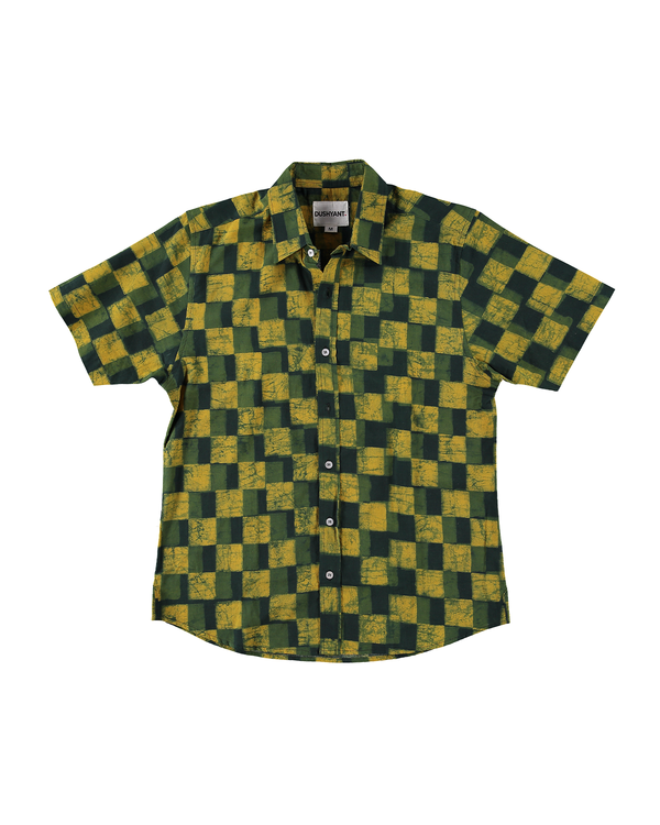 Hand Block Printed The Sufi Short Sleeve Shirt - Green/Turmeric Checks