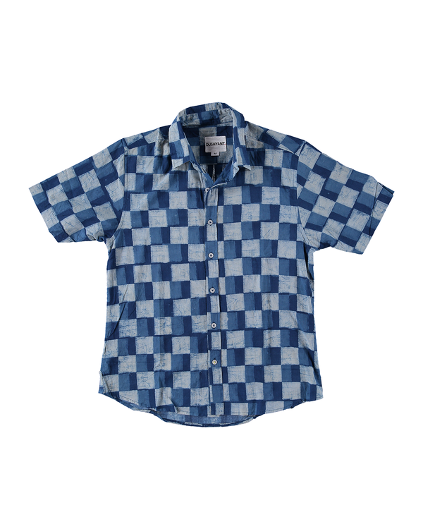 DUSHYANT. Hand Block Printed The Sufi Short Sleeve Shirt - Indigo/Blue Checks