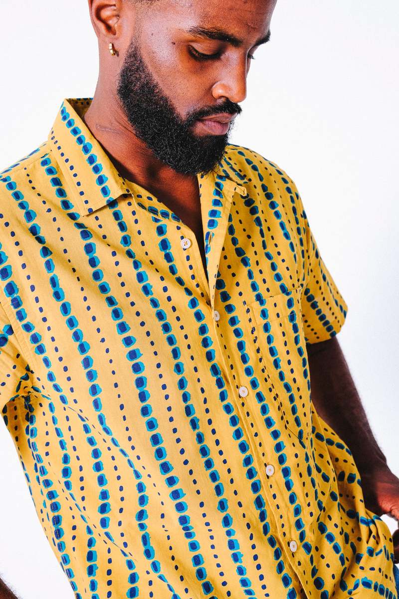 Hand Printed The Don Camp Collar Shirt Mustard/Teal