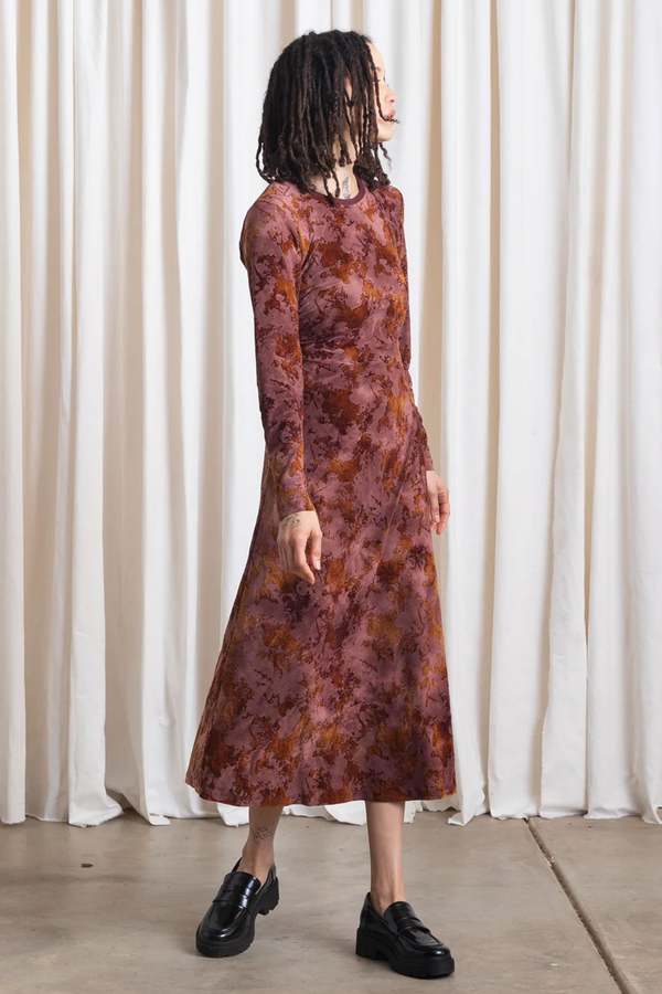 Ali Golden Fitted LS Flocked Dress - Rust/Mustard | Garmentory