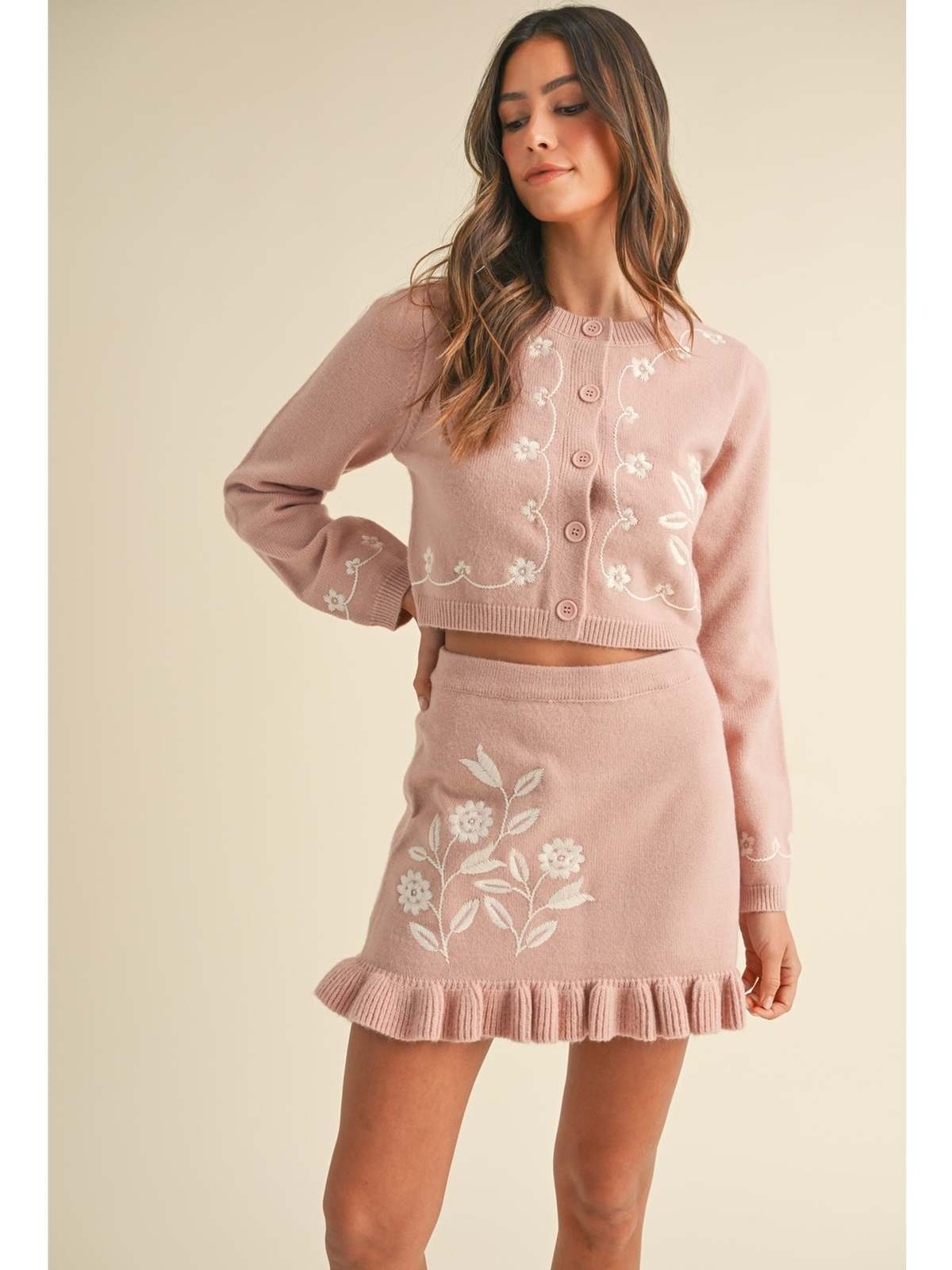 Mable Oslo Floral Embroidery Cardigan and Mini Skirt Set - Rose ...