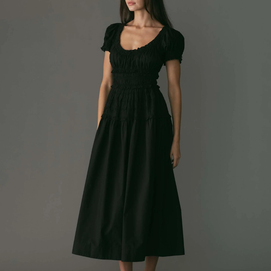 doen leanne dress Shirred Floral-Print Cotton-Voile Midi in White short puff sleeves with ruffle cuffs DEN Leanne Shirred Gingham Organic