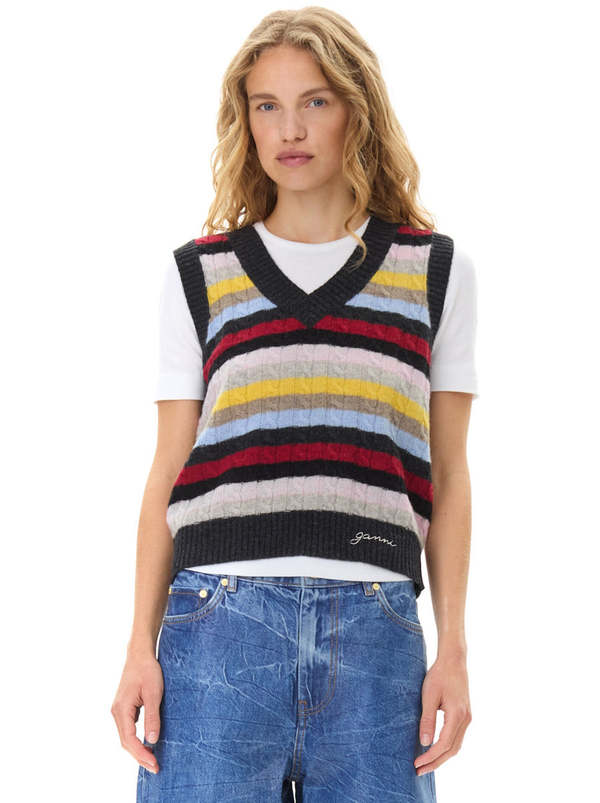 Ganni Logo Wool Mix Vest - Multicolor Stripe | Garmentory