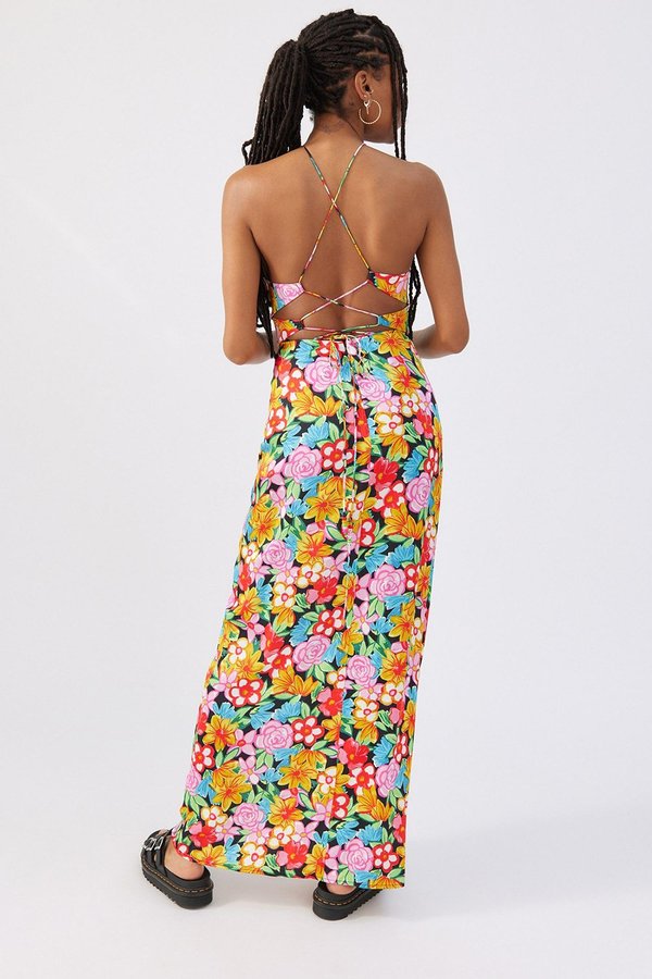 chinese dress ladies Purple Pink and Yellow Mixed Print Maxi Dress