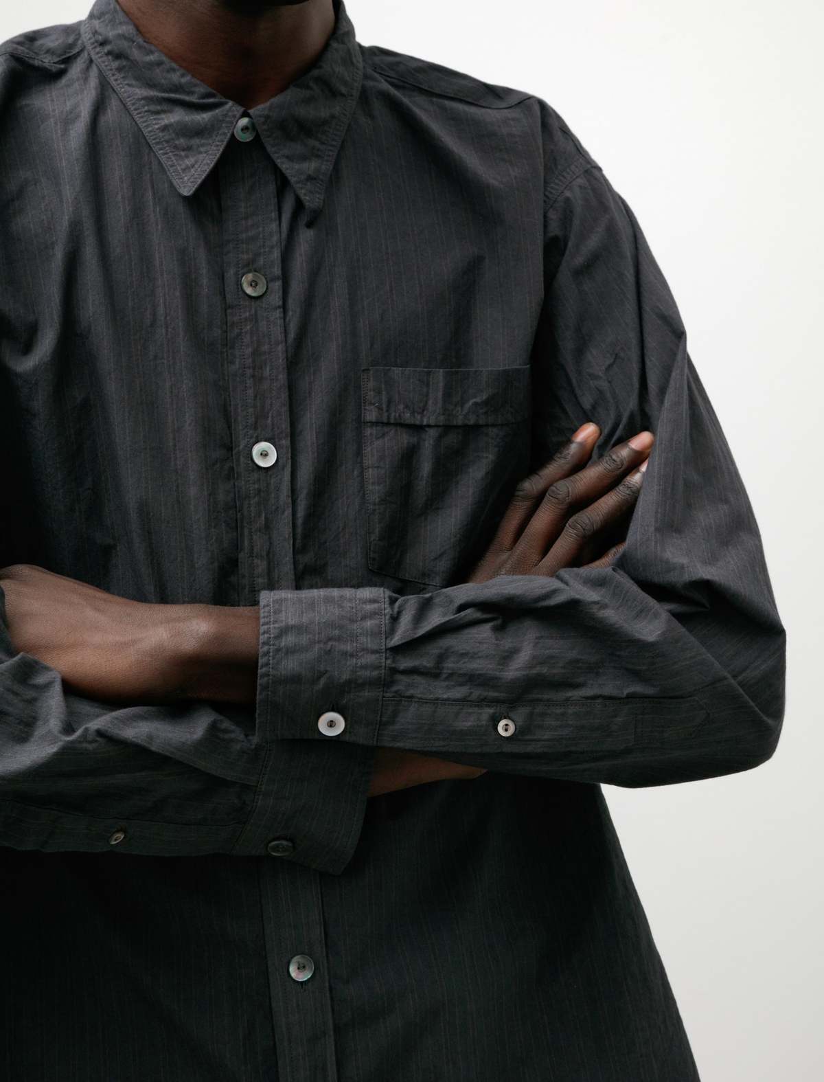 Taiga Takahashi Mens Lot 106 Narrow Collar Shirt - Charcoal Stripe