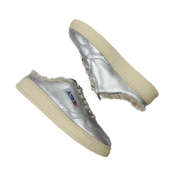 Autry Medalist Low Mule Leather Sneakers Shearling Silver