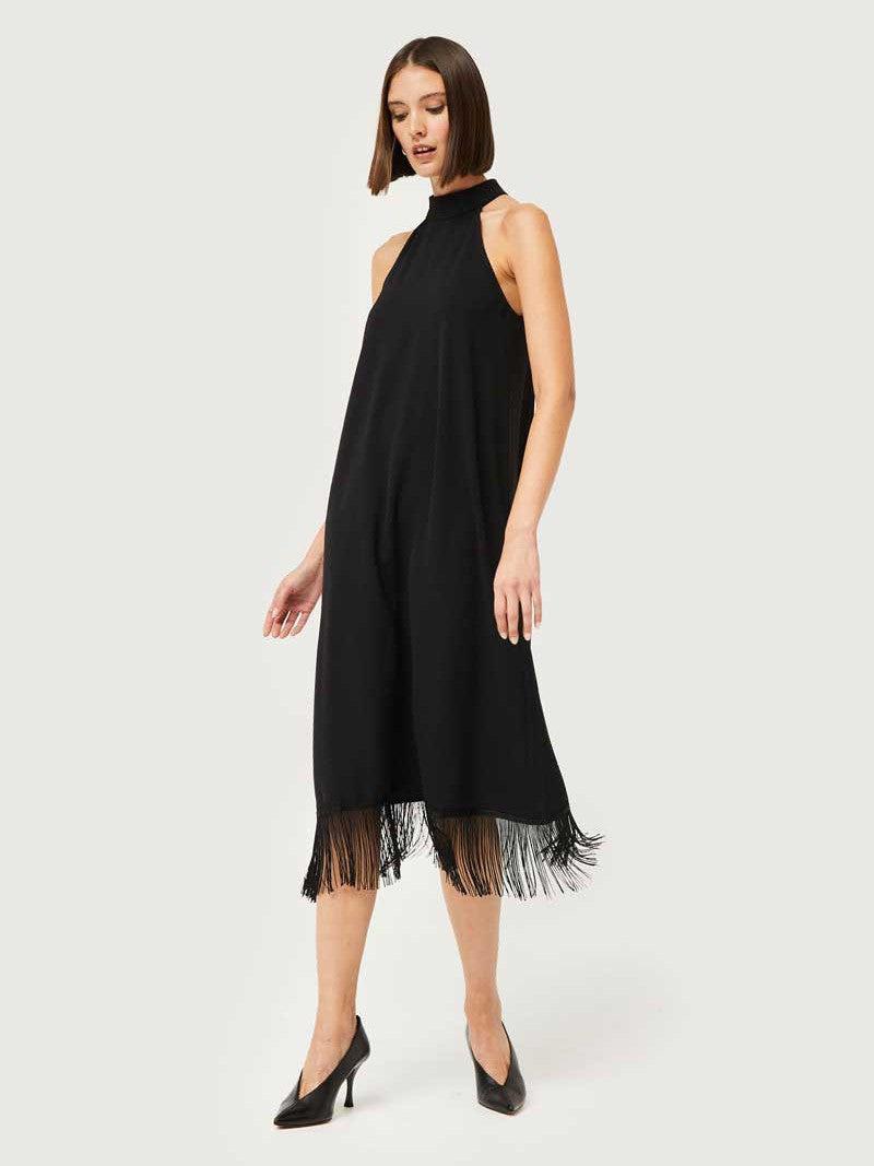 Compaia Fantastica Halter Midi Fringe Dress - Black | Garmentory