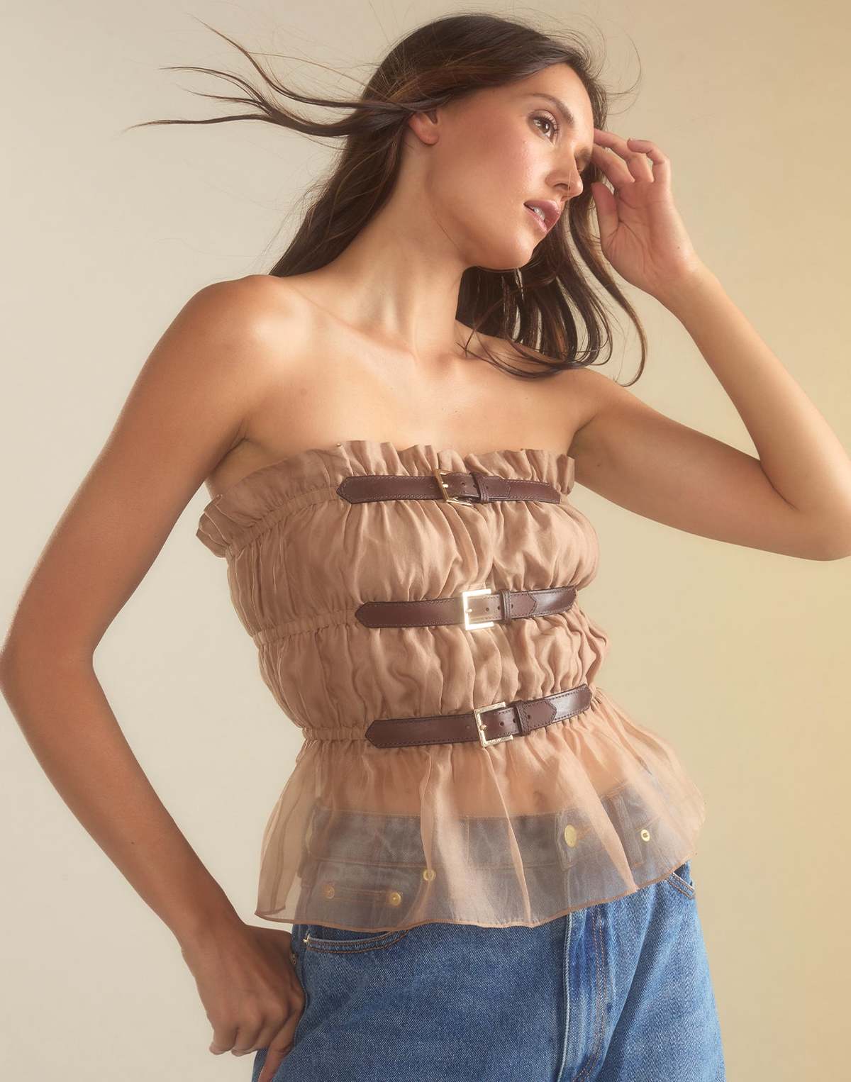 Cynthia Rowley Buckle Up Silk Organza Top - CAMEL | Garmentory display picture 1