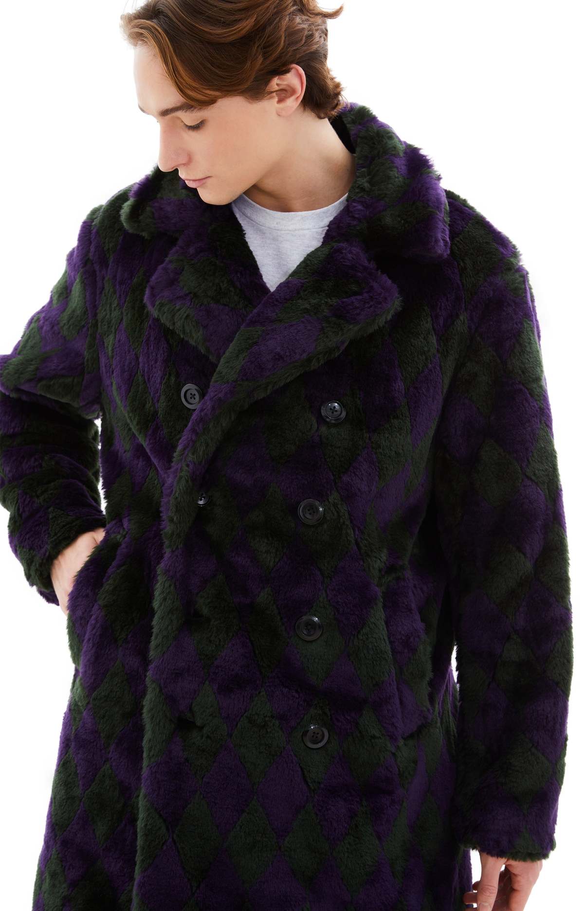 Needles - Pea Coat - Acrylic Fur / Argyle - Green/Purple
