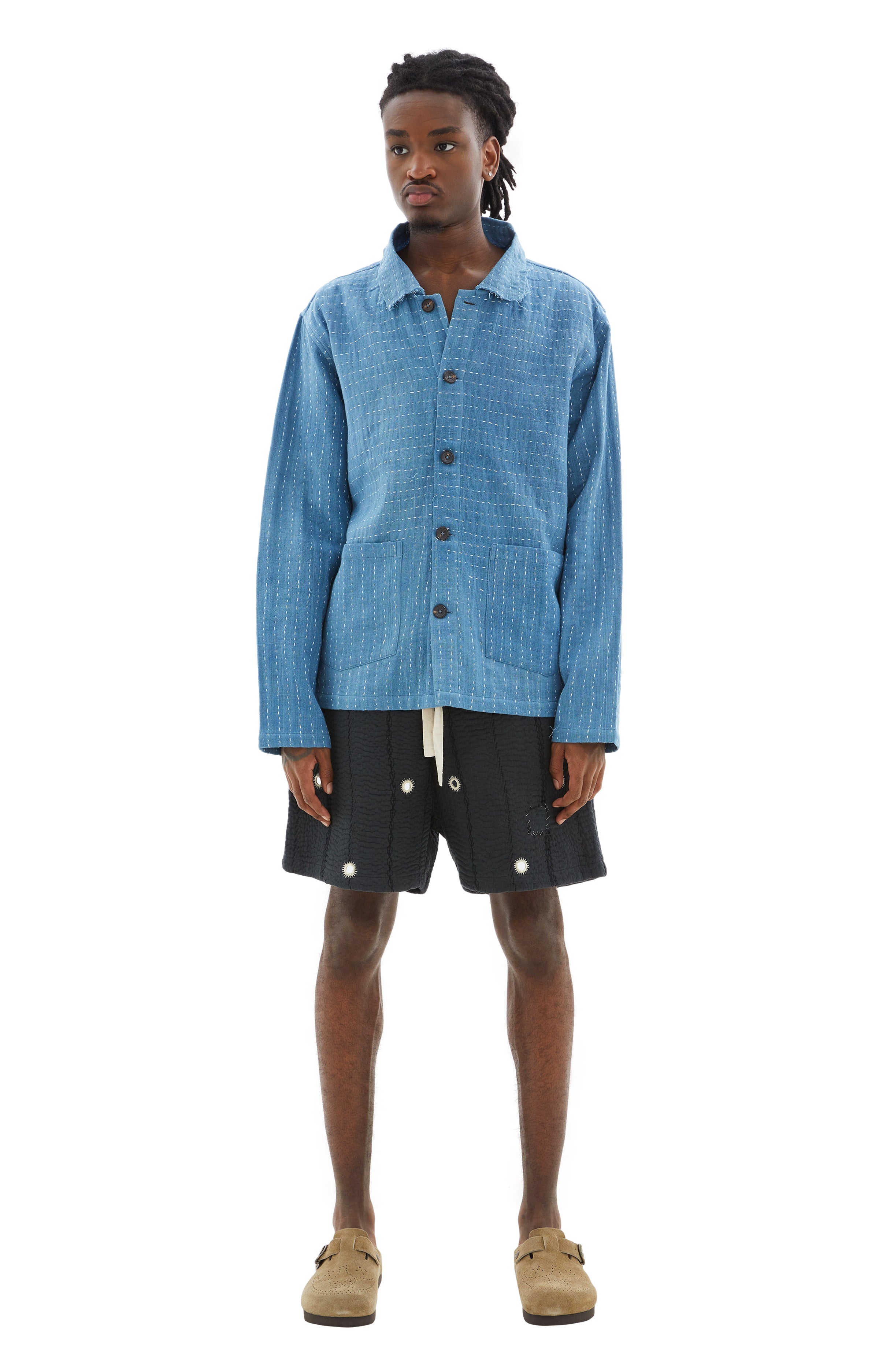 KARTIK RESEARCH Kantha Embroidery Cropped Jacket - Indigo