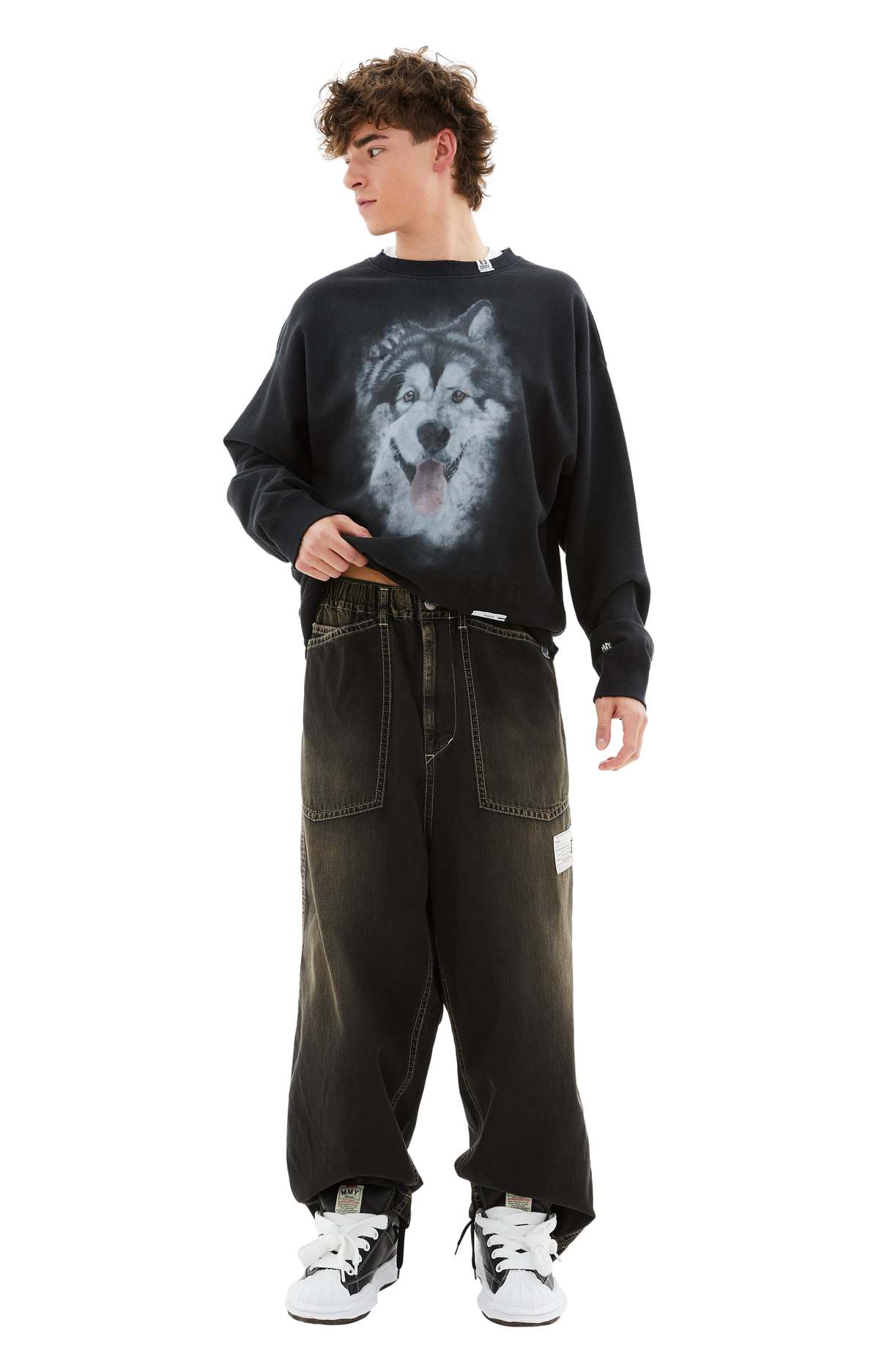 Mihara Yasuhiro Distressed Dog Printed Pullover - Black | Garmentory