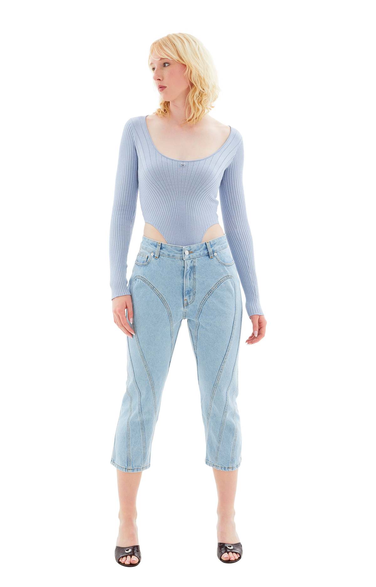 Mugler Spiral Denim Capri Jeans - Light Blue | Garmentory