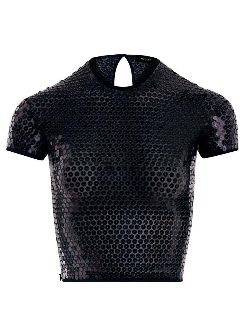 Mugler Tulle Stretch Top with Sequins - Black | Garmentory