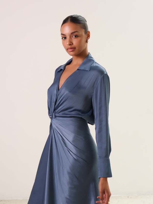 slate blue long sleeve dress Bridesmaid Slate Blue Dress Flowy One Shoulder Long Sleeves Floor Length Chiffon Bridesmaid Dresses