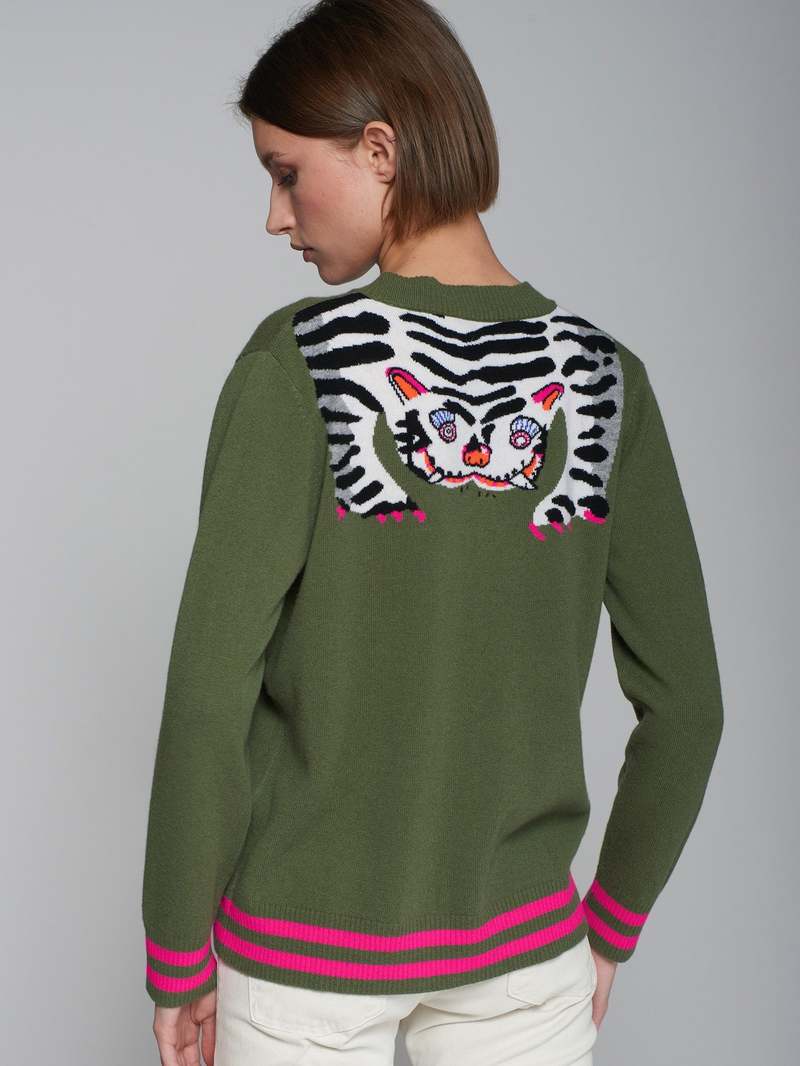 トップス CAPTAINS HELM TIGER CARDIGAN L Women Tiger Print Cardigan Sweater Long Sleeve Button Down