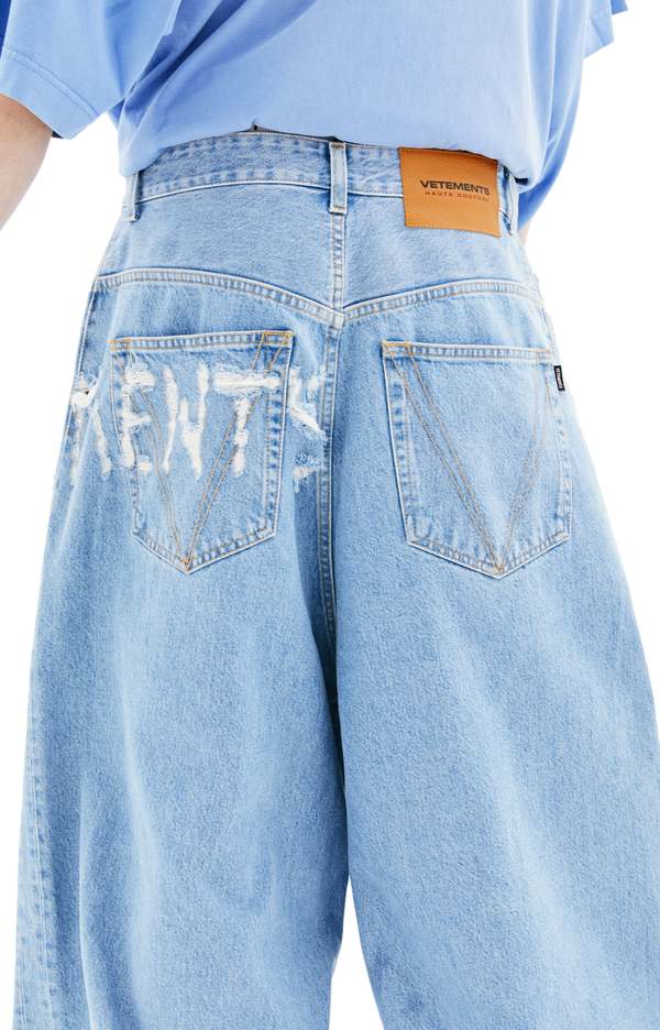 Vetements Logo Destroyed Baggy Jeans - Light Blue | Garmentory Vetements Logo Destroyed Baggy Jeans - Light Blue | Garmentory