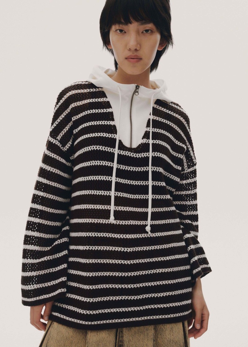 HALF MADE Stripped Knit Anorak - Black/White