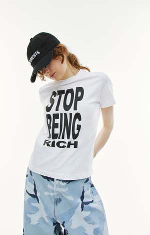 Vetements STOP BEING RICH FITTED T SHIRT - White | Garmentory
